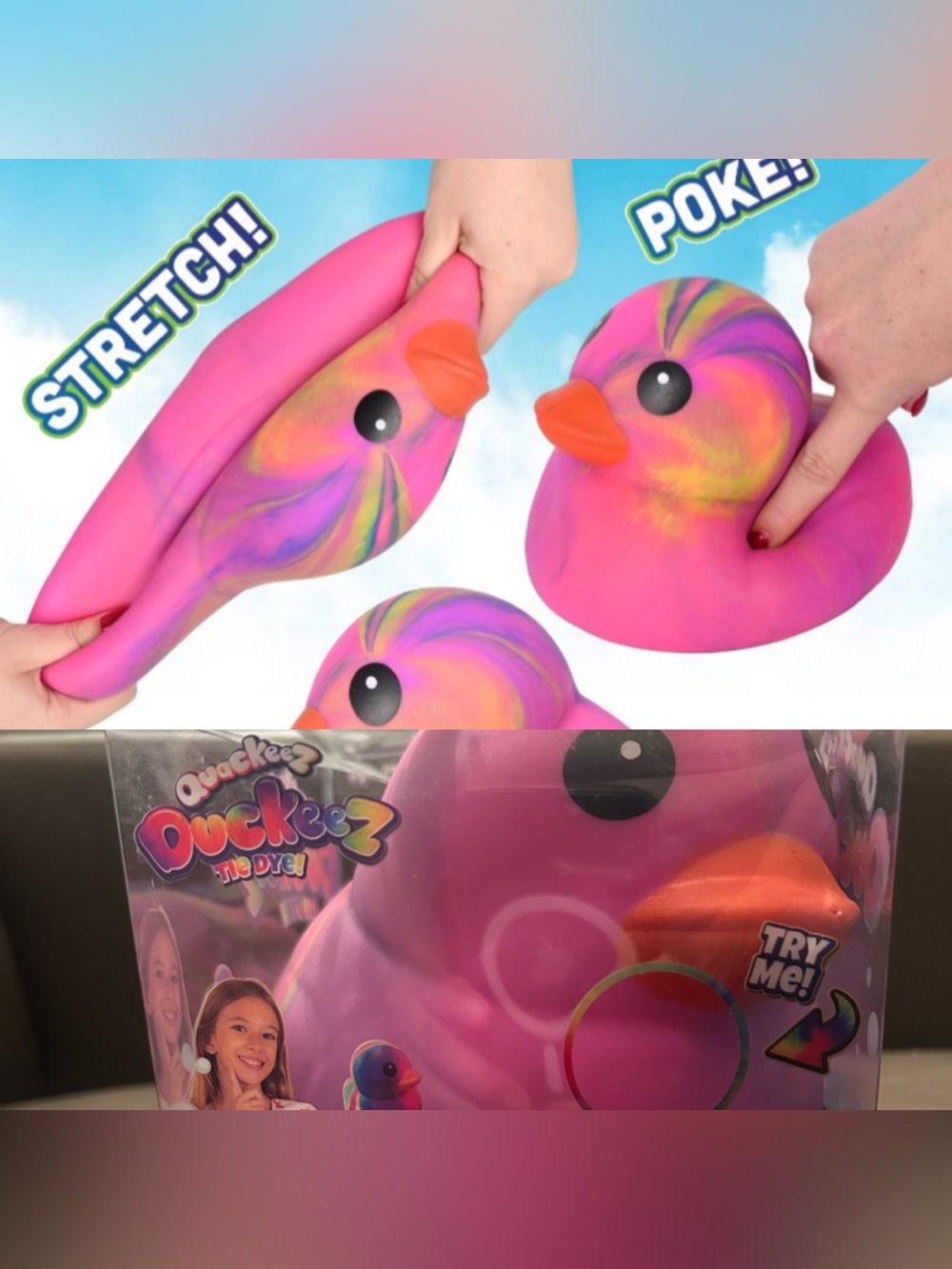 Quackeez Tie-Dye Pink Stretch Duck Squishy- Sensory Squeeze & Stretch